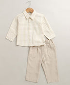 The yelllow Checks shirt  & Khaki Cotton Co-ord Set -  Biege