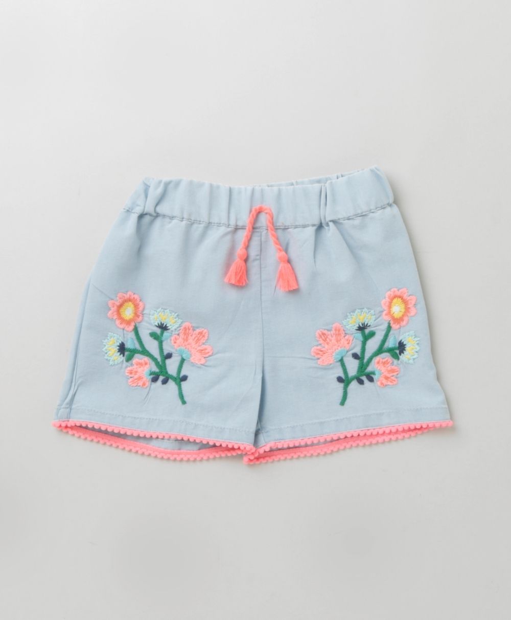 Sweetlime Cotton Denim Floral Embroidery Shorts - Blue
