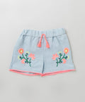 Sweetlime Cotton Denim Floral Embroidery Shorts - Blue