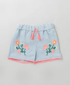Sweetlime Cotton Denim Floral Embroidery Shorts - Blue