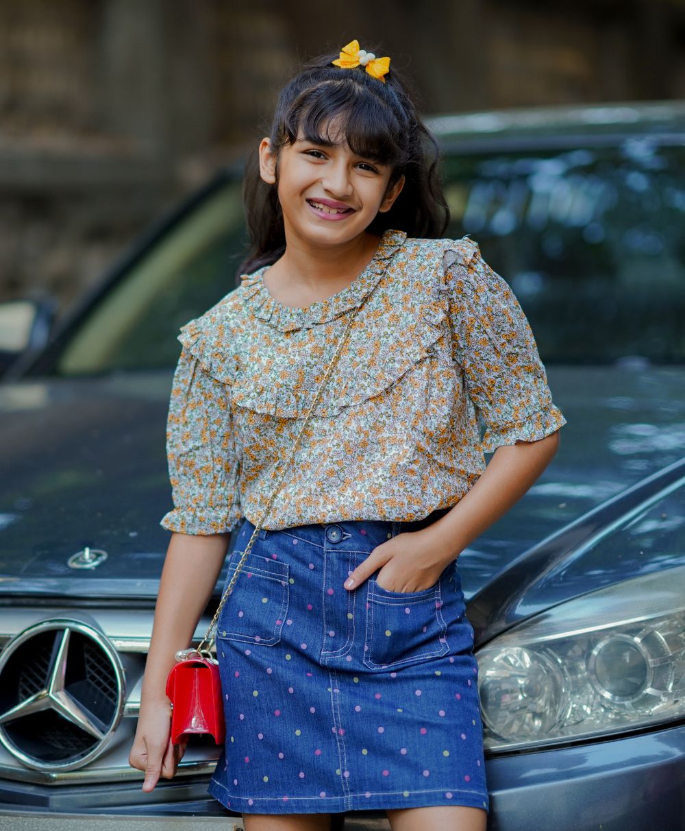 Multicolored Polka Dot Printed A line Skirt with Front Pocket - Blue