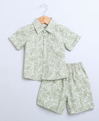 Leaf Printed Cotton Linen Shirt & Shorts Boys Co-ord Set - Olive