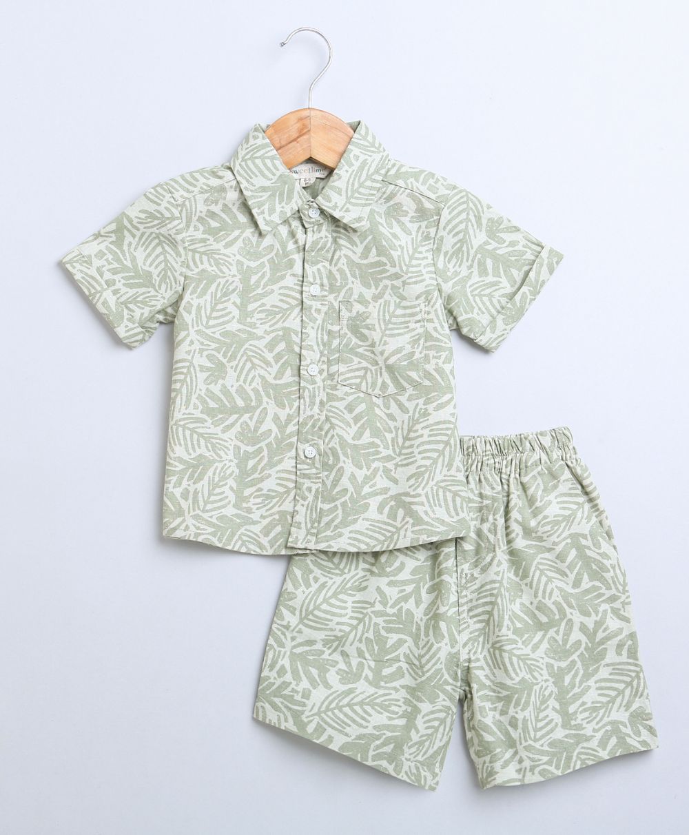Leaf Printed Cotton Linen Shirt & Shorts Boys Co-ord Set - Olive