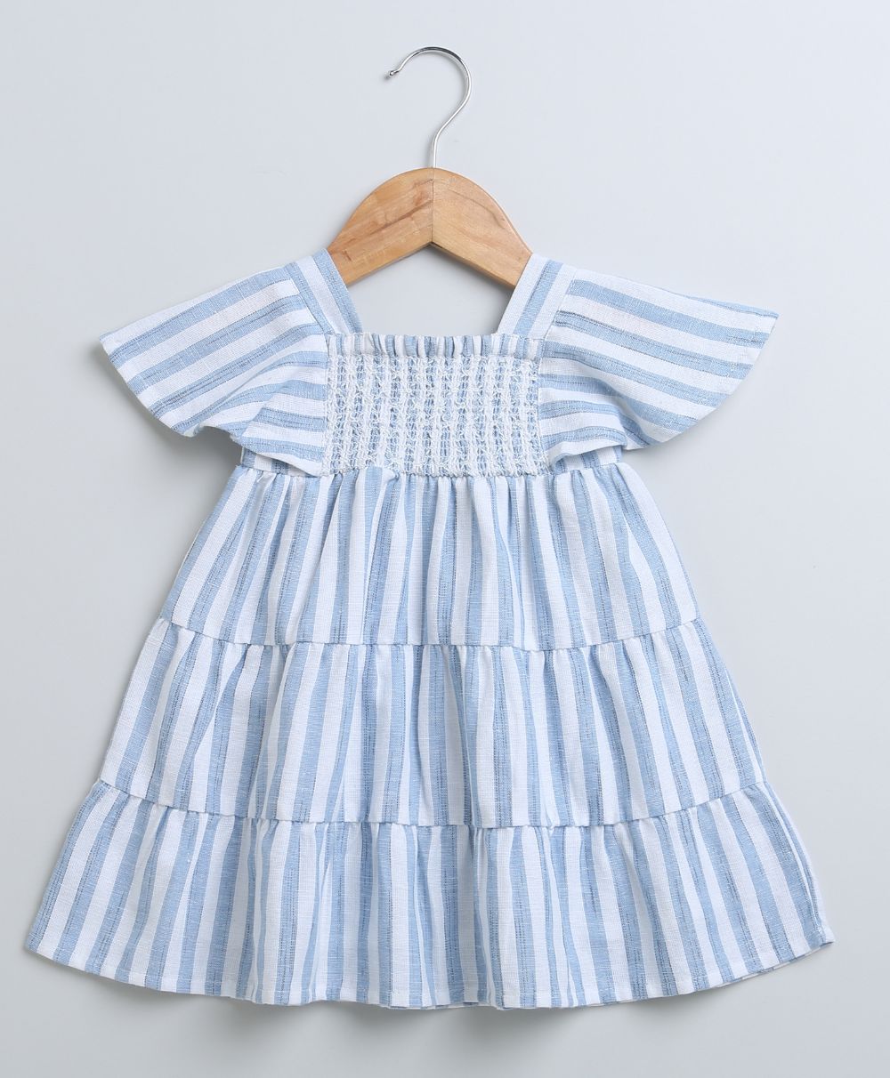 Striped Bell Sleeves Cotton Slub Dress - Blue & White