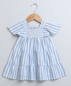 Striped Bell Sleeves Cotton Slub Dress - Blue & White