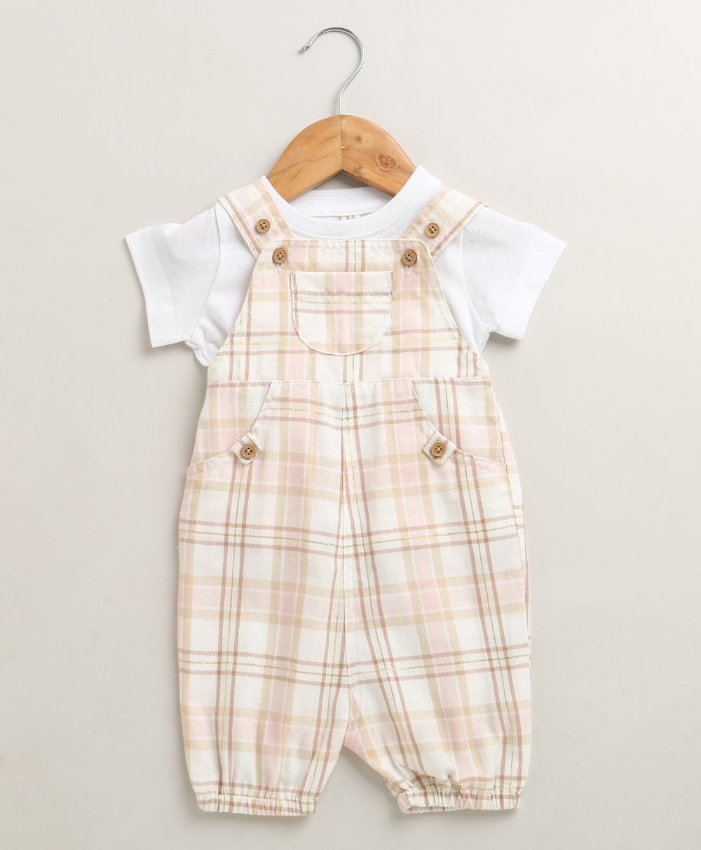 The Little Farmhouse Plaid Organic Cotton Romper & White T-shirt Set - Pink & Beige