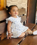 Blue Floral Print Flared Cotton Dress - White