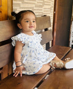 Blue Floral Print Flared Cotton Dress - White