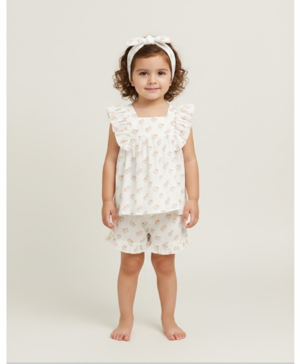 Blossom Breeze Organic Cotton Summer Co-ord White Set with a Hairband - White