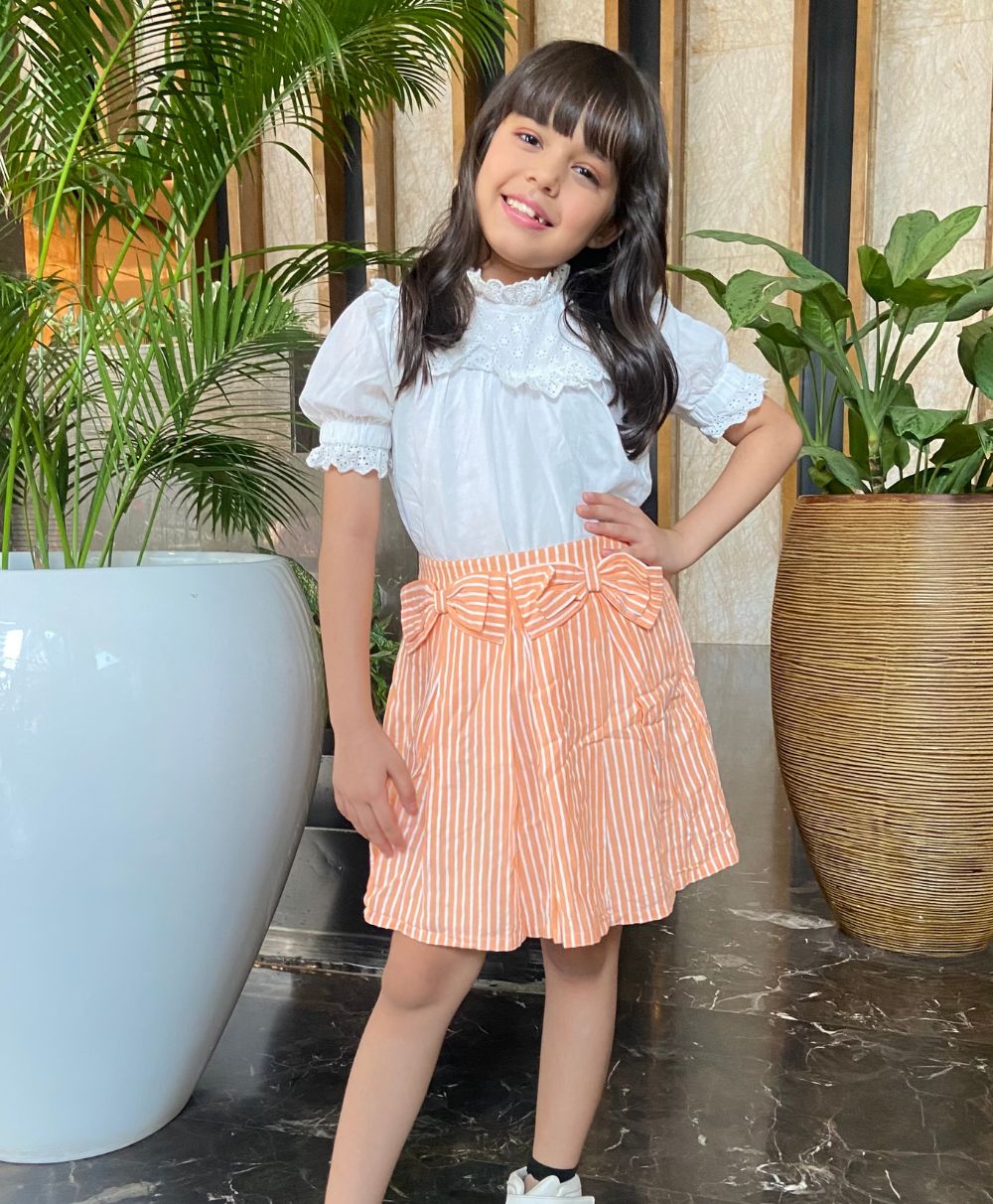Ruffled Blouse & Striped Skirt - White & Peach