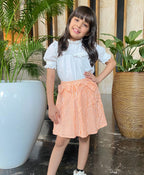 Ruffled Blouse & Striped Skirt - White & Peach