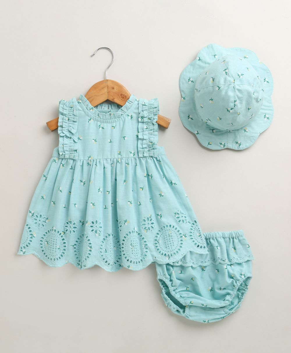Baby Girls' Bluebell Fairy Organic Cotton Ruffle Dress, Hat and Bloomer Set -Sea Green