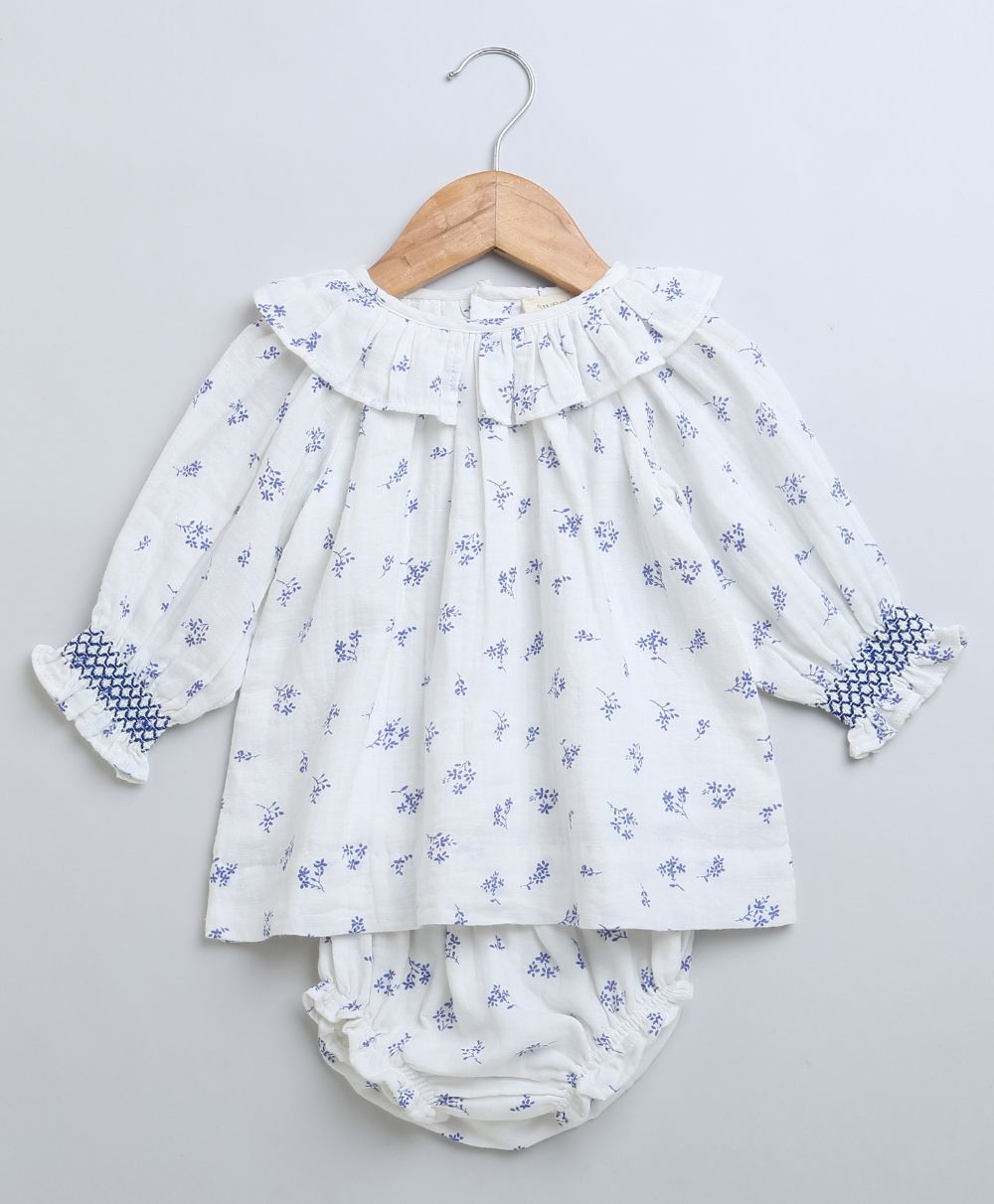 Baby Girls Blue Floral Printed Cotton Dress with a Bloomer - White