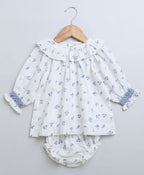 Baby Girls Blue Floral Printed Cotton Dress with a Bloomer - White