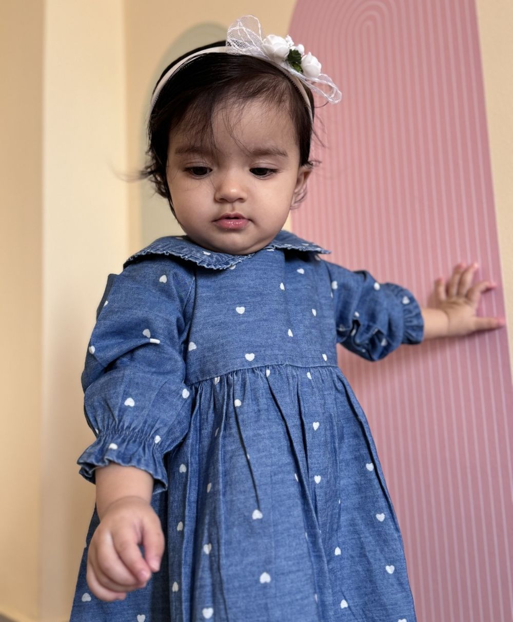 White Hearts Embroidery Cotton Denim Full Sleeves Dress - Blue