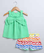 Sleeveless Cotton Top & Shorts Co-ord Set - Green & Multicoloured