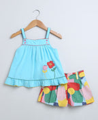 Sleeveless Cotton Top & Shorts Co-ord Set - Sea Blue & Multicoloured