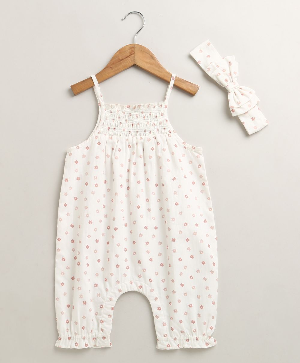 Baby Girls' Cotton Tiny Petal Summer Romper & Hairband Set - White