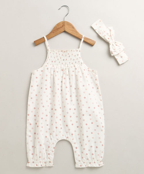 Baby Girls' Cotton Tiny Petal Summer Romper & Hairband Set - White