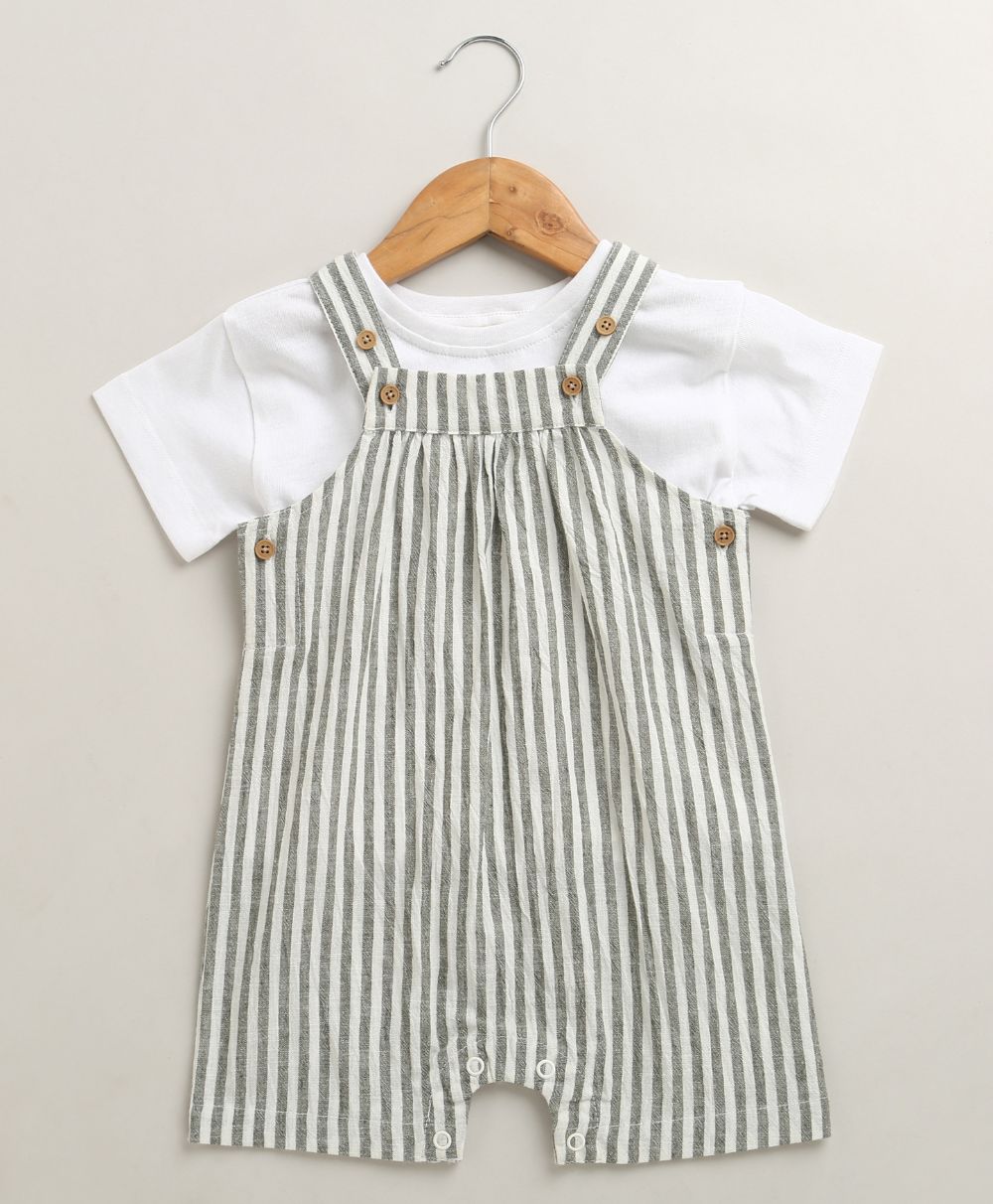 Unisex Little Wanderer Summer Cotton Romper & White T-shirt Set - Grey & White