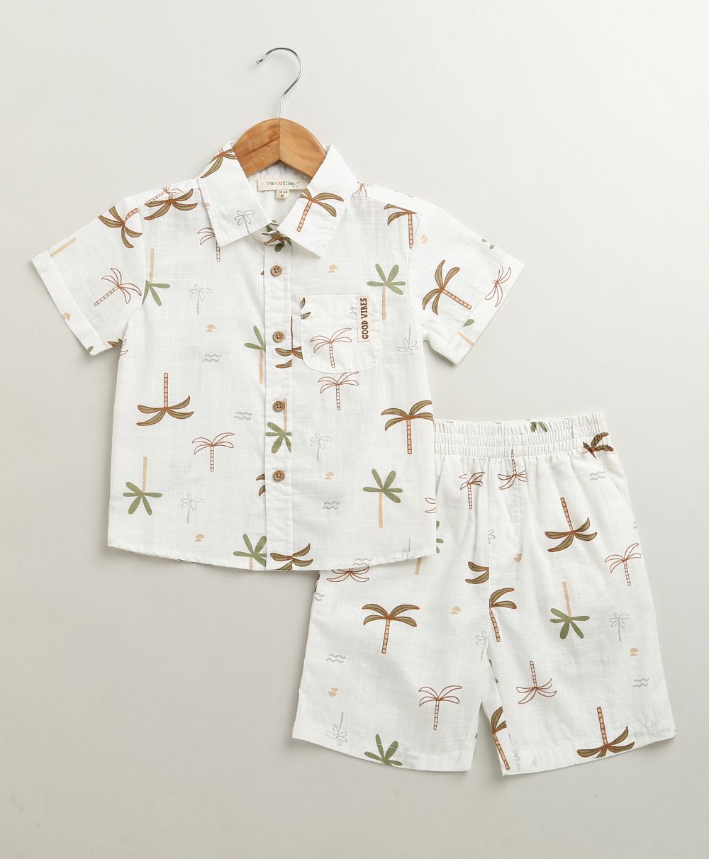 Tropical Vibes Cotton Slub Co-ord Set - White