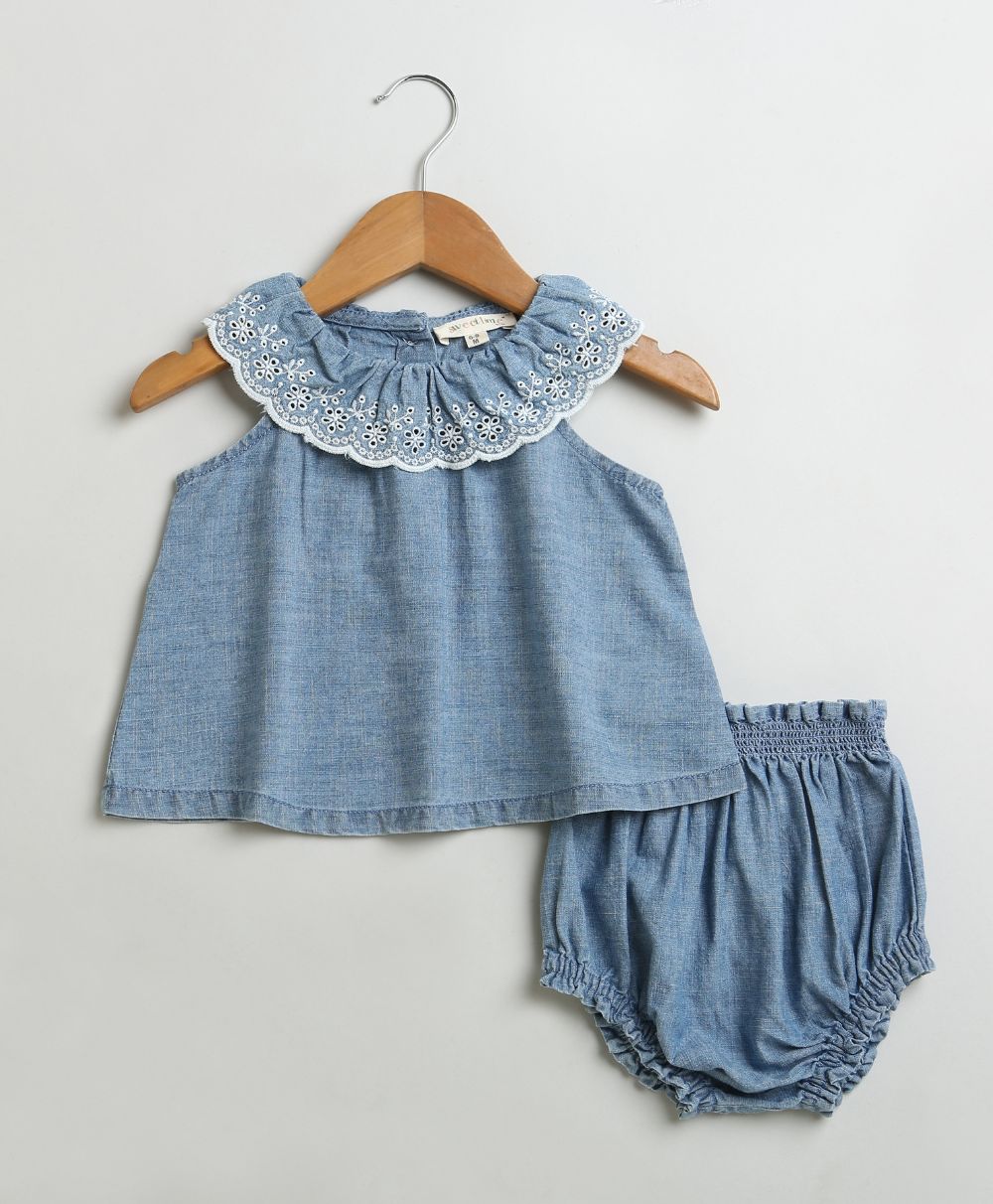 Cotton Denim Ruffle Dress & Bloomer Set - Blue