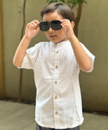 Mandarin Collar Half Sleeves Cotton Linen Shirt - White