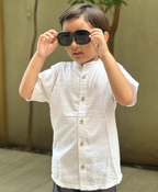 Mandarin Collar Half Sleeves Cotton Linen Shirt - White