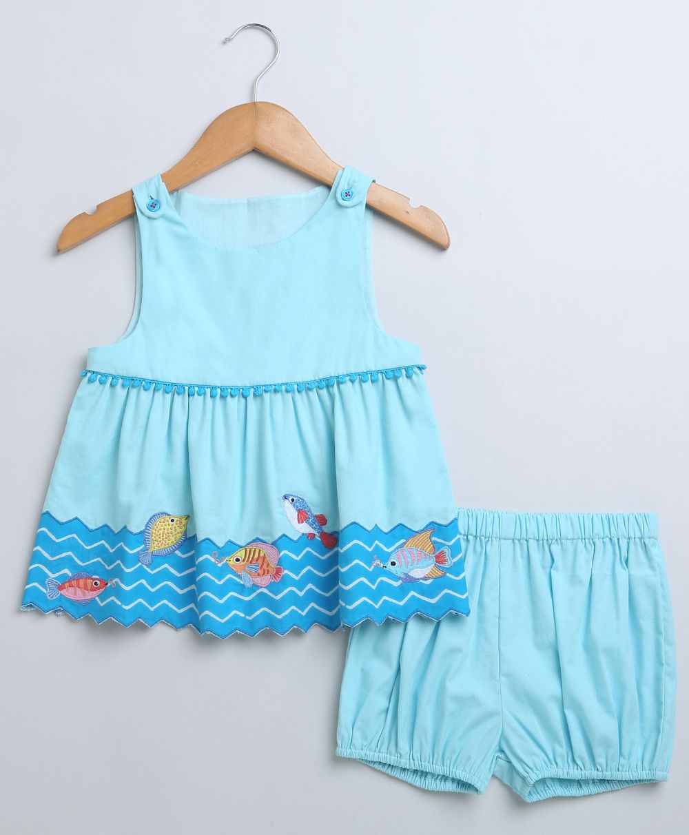 Sleeveless Cotton Dress and Bloomer Coord Set - Sky Blue