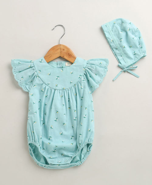 Baby Girls'  Bluebell Fairy Organic Cotton Romper & Bonnet Set - Sea Green