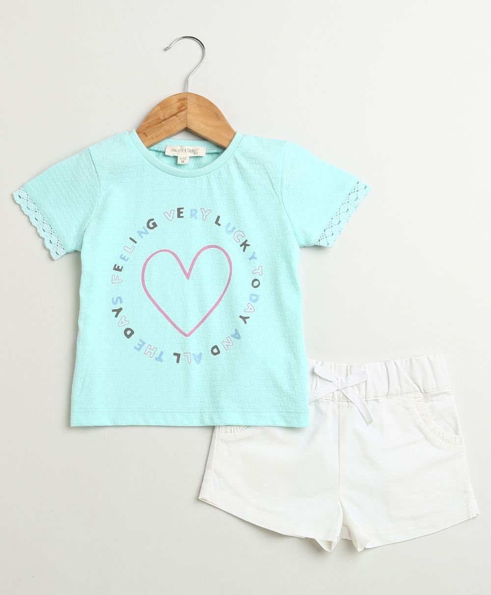 Lucky Heart T-shirt & Bow-Tie Cotton Twill Shorts Co-ord Set - Blue & White