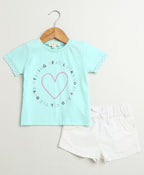 Lucky Heart T-shirt & Bow-Tie Cotton Twill Shorts Co-ord Set - Blue & White