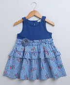 Checks Flared Cotton Printed Dress - Blue