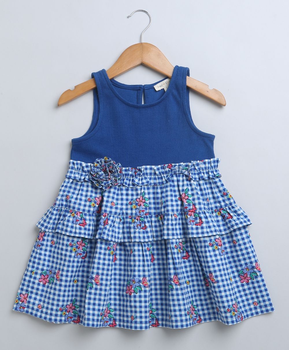 Checks Flared Cotton Printed Dress - Blue