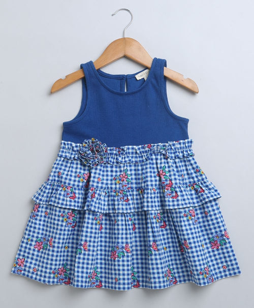 Checks Flared Cotton Printed Dress - Blue