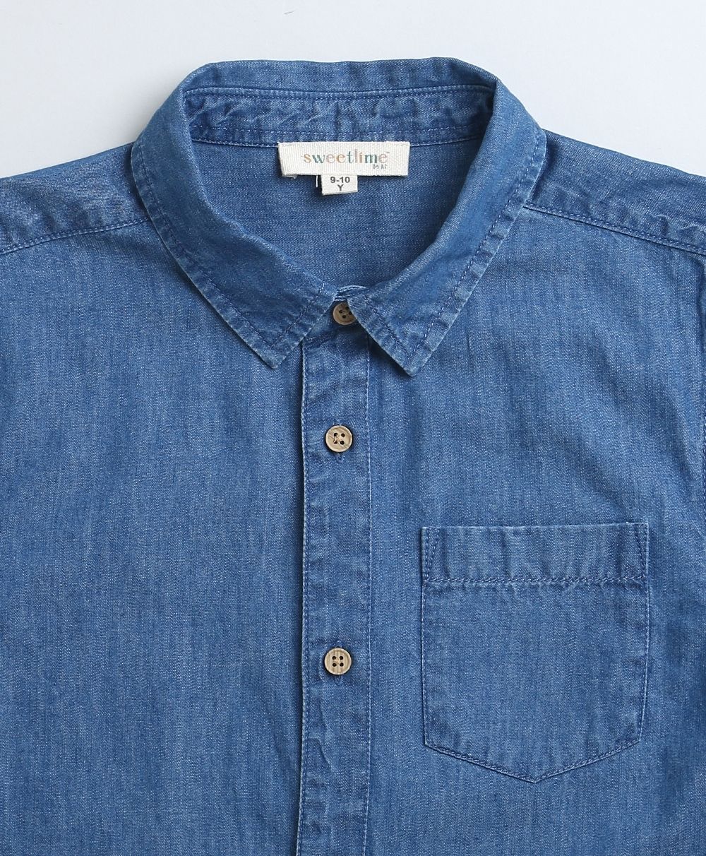 Short Sleeves Cotton Denim Shirt - Blue