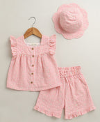 Baby Girls Gingham Daisy Organic Cotton Co-ord Set with a Hat - Soft Pink