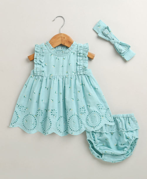 Baby Girls' Bluebell Fairy Organic Cotton Ruffle Dress, Hairband and Bloomer Set -Sea Green
