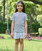 Striped T-shirt & All-over Floral Embroidery Denim Skirt - Multicolored & Blue