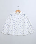 Long Sleeves Blue Floral Printed Cotton Top - White