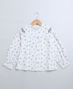 Long Sleeves Blue Floral Printed Cotton Top - White