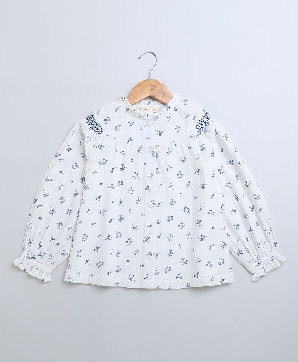 Long Sleeves Blue Floral Printed Cotton Top - White