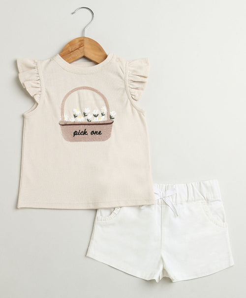 Blossom Basket Ruffle Top & Bow-Tie Cotton Twill Shorts Co-ord Set - Beige & White