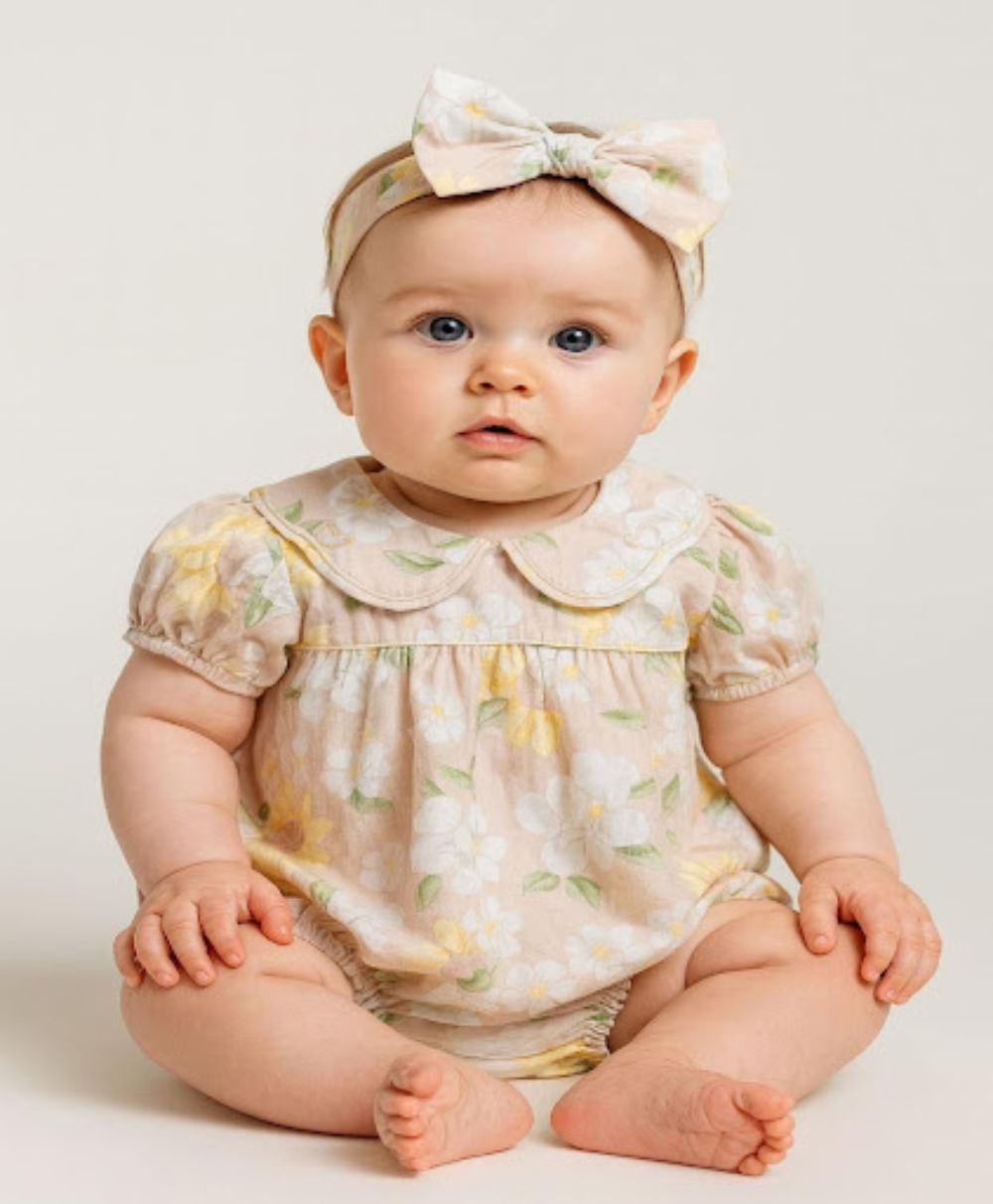Baby Girls' Blush Bouquet Bubble Cotton Romper with a matching Bow Hairband - Beige