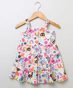 Cat & Butterfly Printed Colorful Dress - Multicoloured