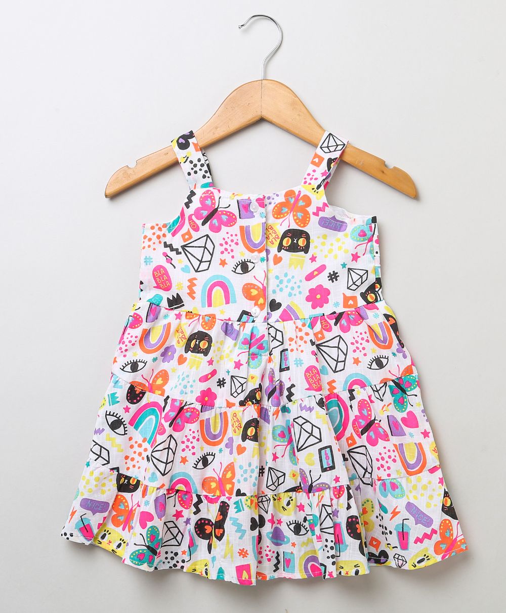 Cat & Butterfly Printed Colorful Dress - Multicoloured