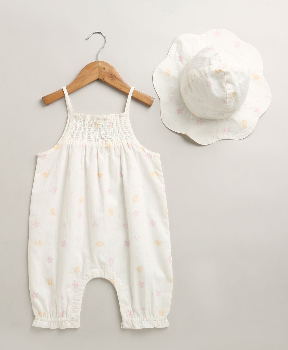 Baby Girls' Cotton Buttercup Breeze Romper & Hat Set - White