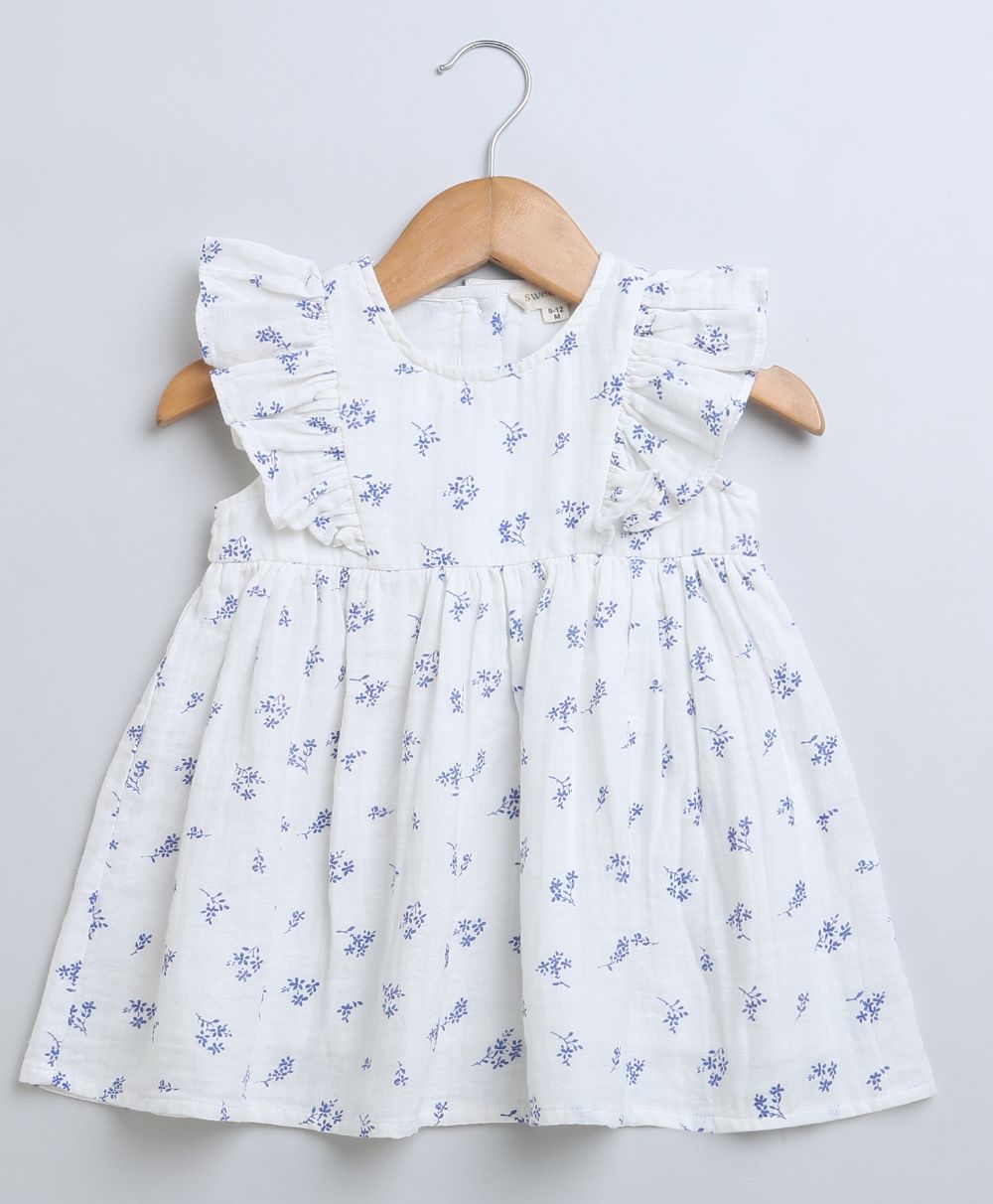 Blue Floral Print Flared Cotton Dress - White