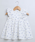 Blue Floral Print Flared Cotton Dress - White