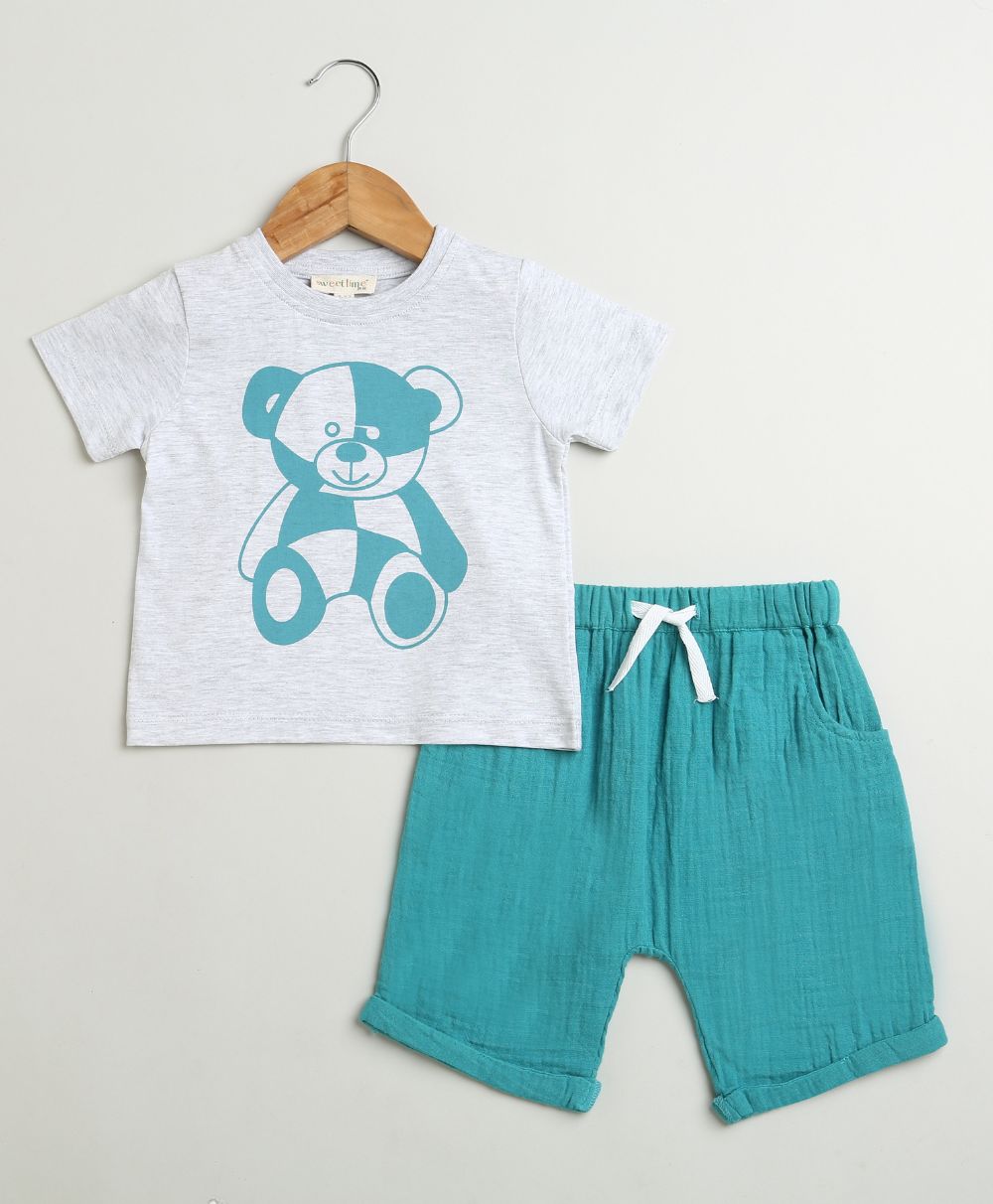 Teddy Bear Co-ord Set - Grey & Blue